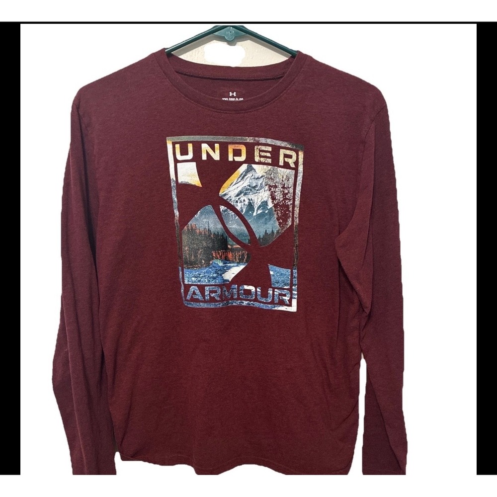 Under Armour Boys YXL Long Sleeve Graphic Tee Maroon MountainLogo Shirt HeatGear